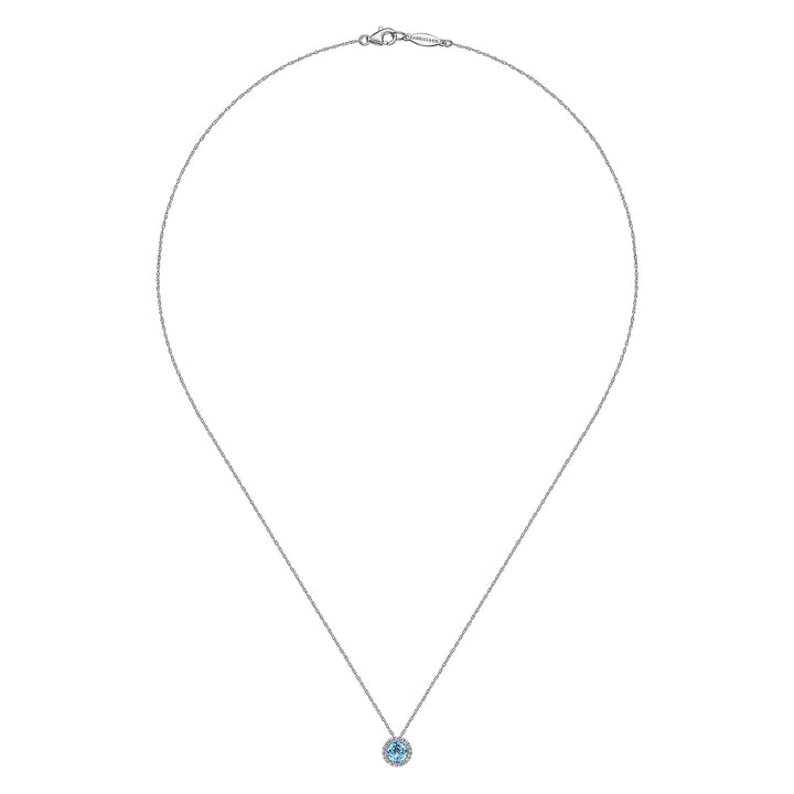 Gabriel & Co. NK2824W45BT 14K White Gold Round Swiss Blue Topaz and Diamond Halo Pendant Necklace