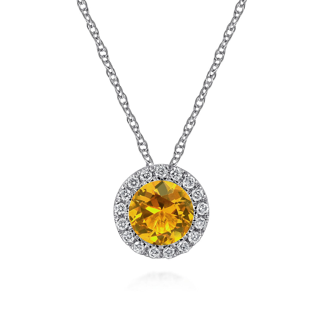 Gabriel & Co. NK2824W45CT 14K White Gold Round Citrine and Diamond Halo Pendant Necklace