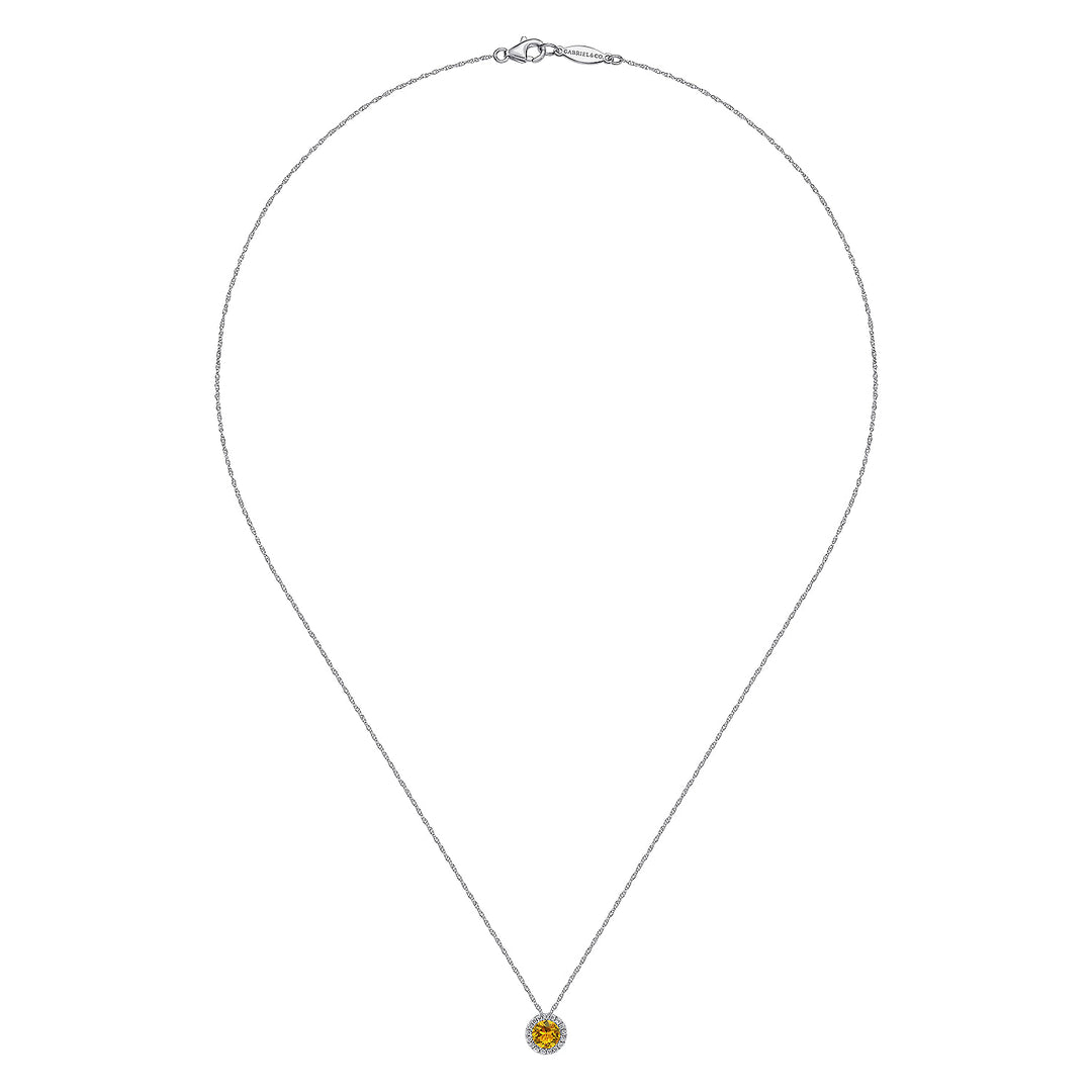 Gabriel & Co. NK2824W45CT 14K White Gold Round Citrine and Diamond Halo Pendant Necklace