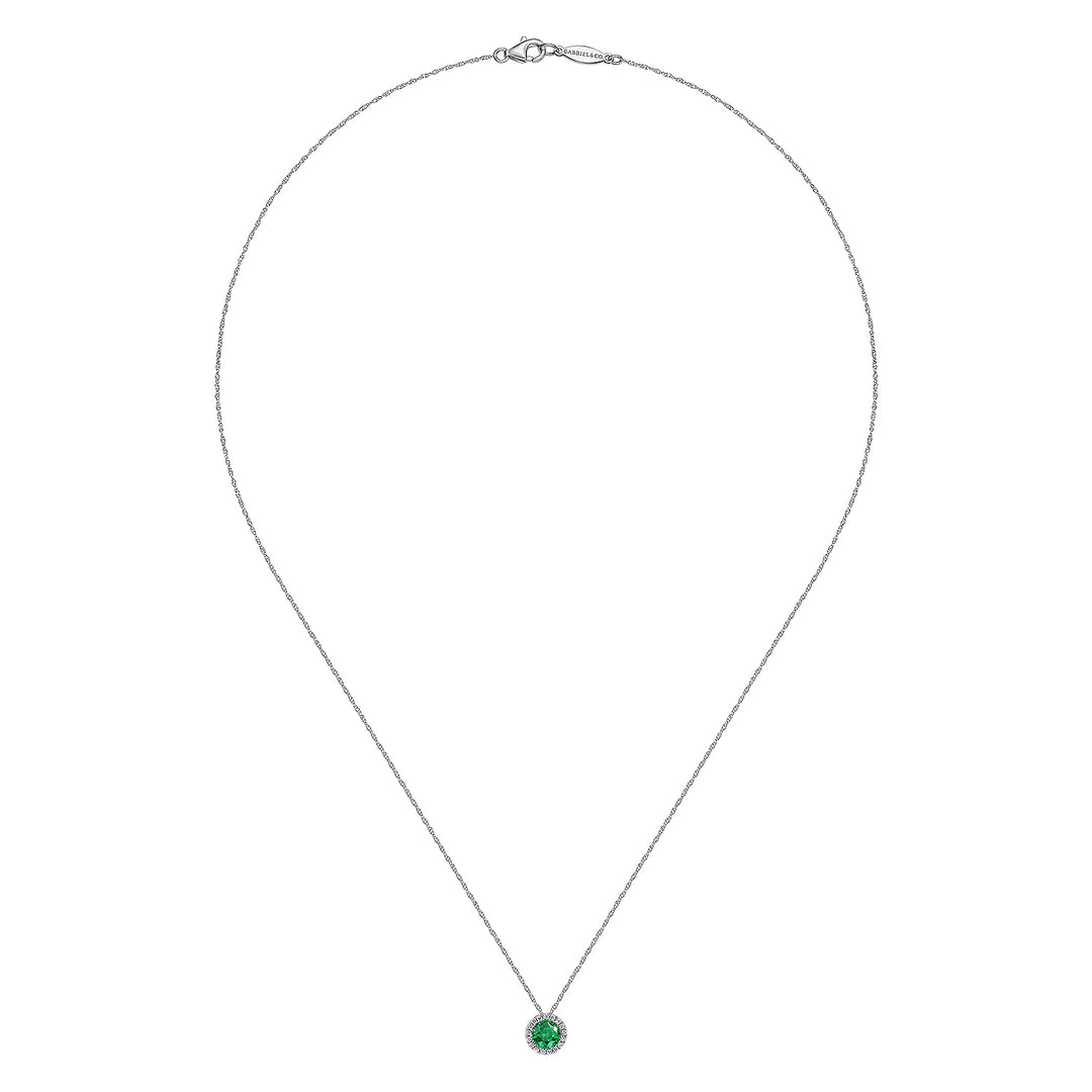 Gabriel & Co. NK2824W45EA 14K White Gold Emerald and Diamond Halo Pendant Necklace