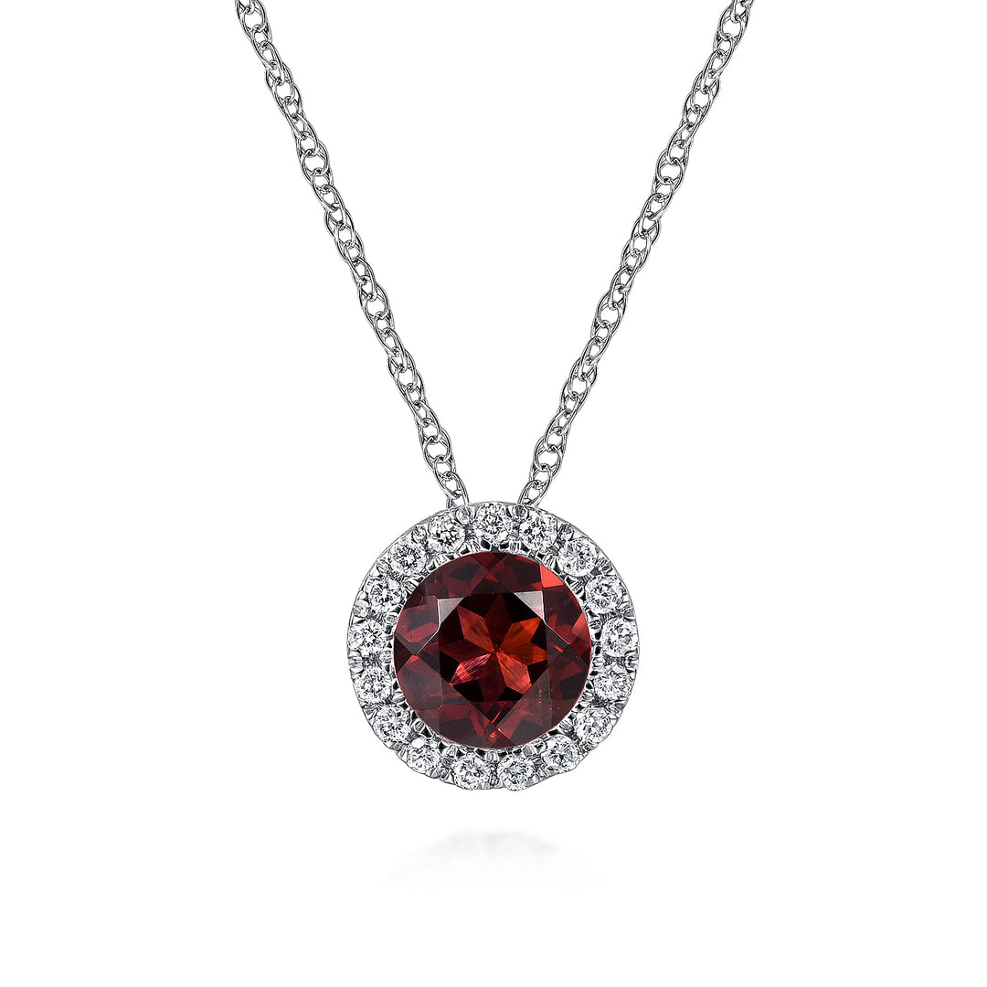 Gabriel & Co. NK2824W45GN 14K White Gold Garnet and Diamond Halo Pendant Necklace