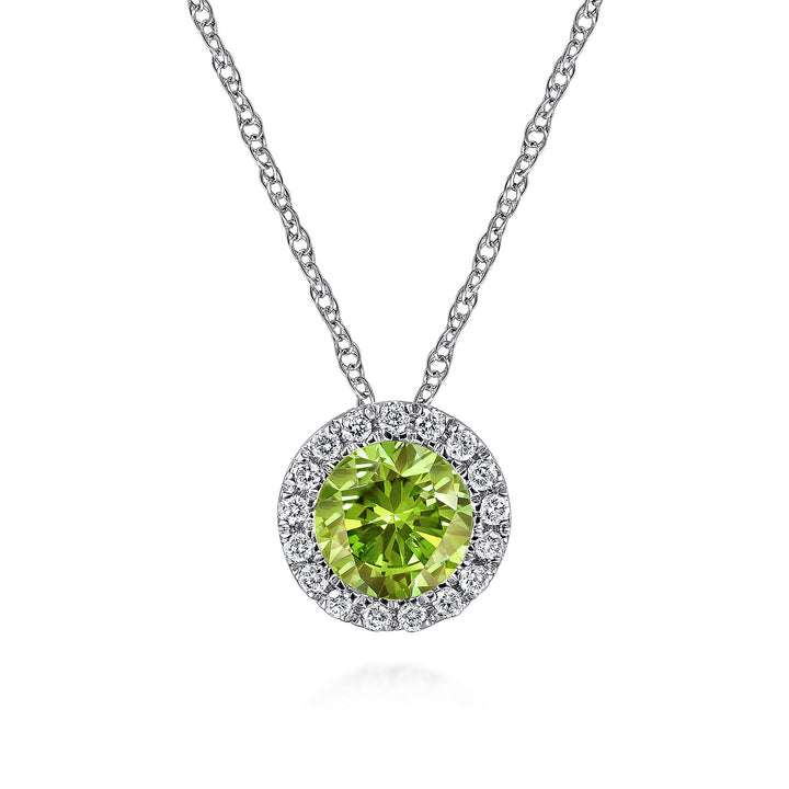 Gabriel & Co. NK2824W45PE 14K White Gold Peridot and Diamond Halo Pendant Necklace