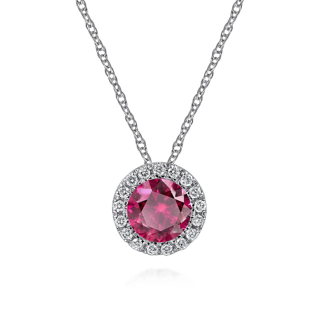 Gabriel & Co. NK2824W45RA 14K White Gold Ruby and Diamond Halo Pendant Necklace