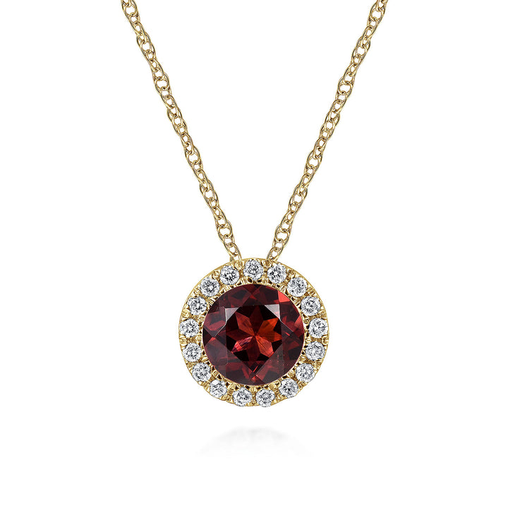 Gabriel & Co. NK2824Y45GN 14K Yellow Gold Garnet and Diamond Halo Pendant Necklace