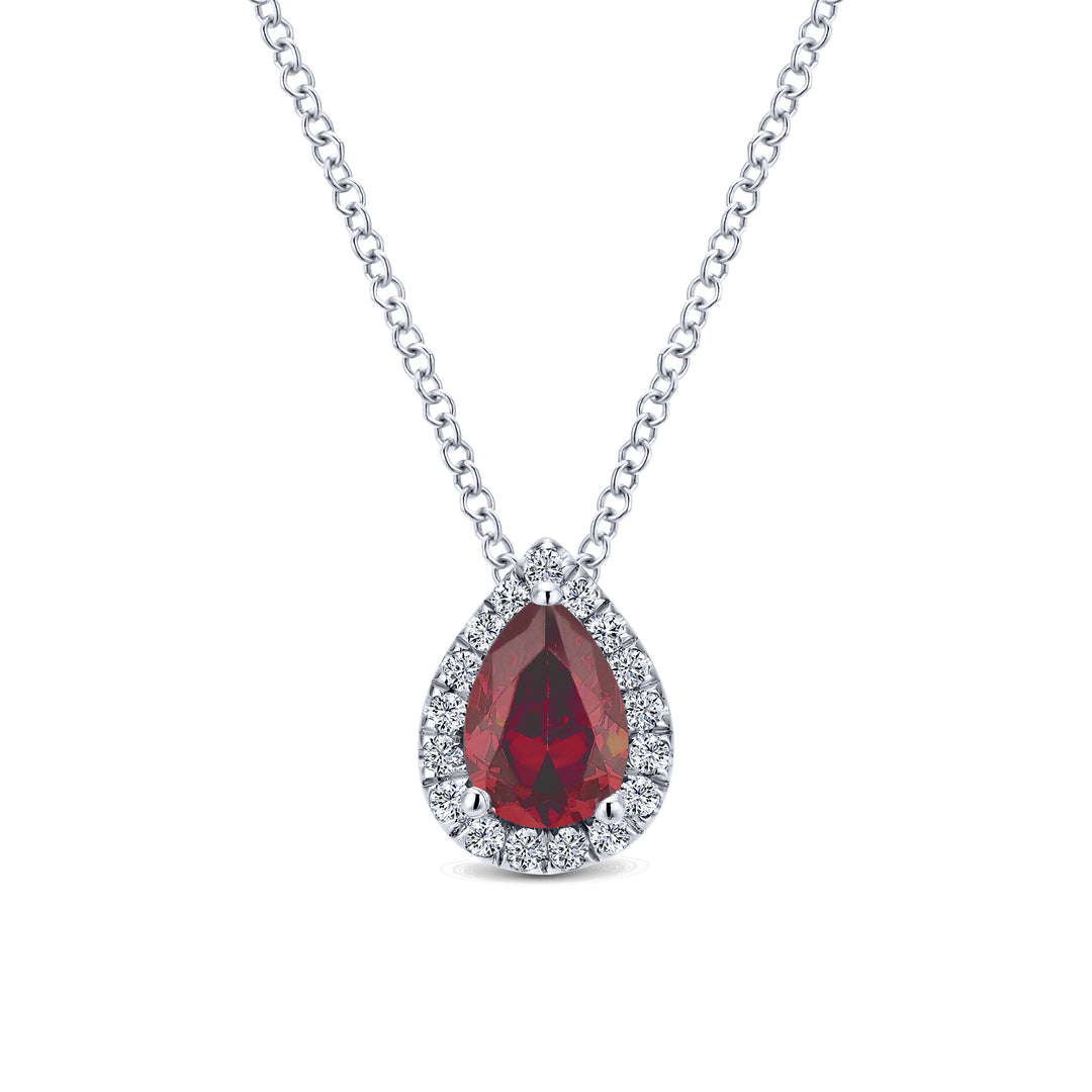 Gabriel & Co. NK3603W45RA 18 inch 14K White Gold Pear Shaped Ruby and Diamond Halo Pendant Necklace