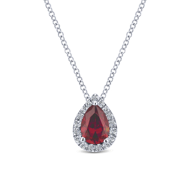 Gabriel & Co. NK3603W45RA 18 inch 14K White Gold Pear Shaped Ruby and Diamond Halo Pendant Necklace