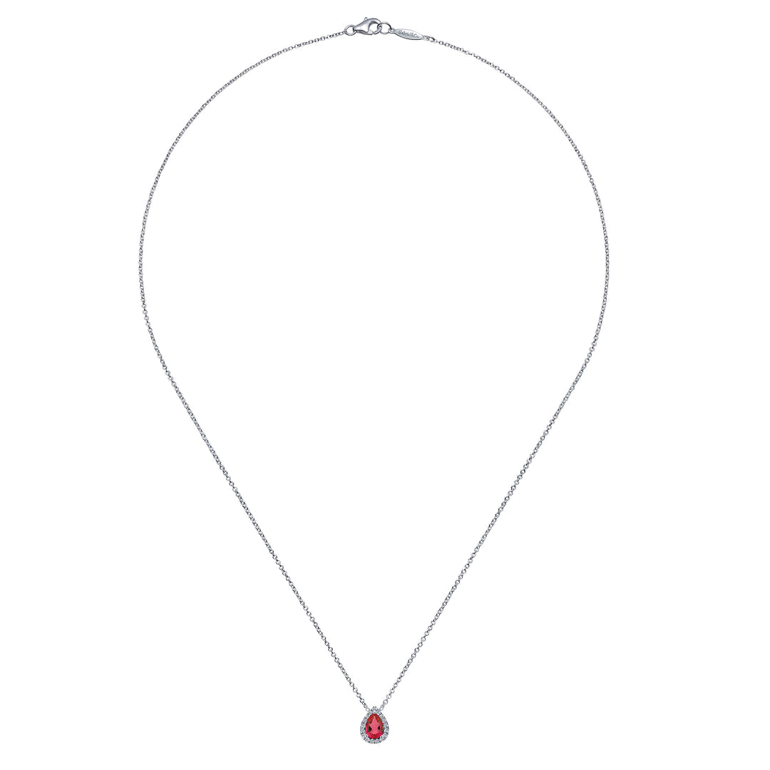 Gabriel & Co. NK3603W45RA 18 inch 14K White Gold Pear Shaped Ruby and Diamond Halo Pendant Necklace