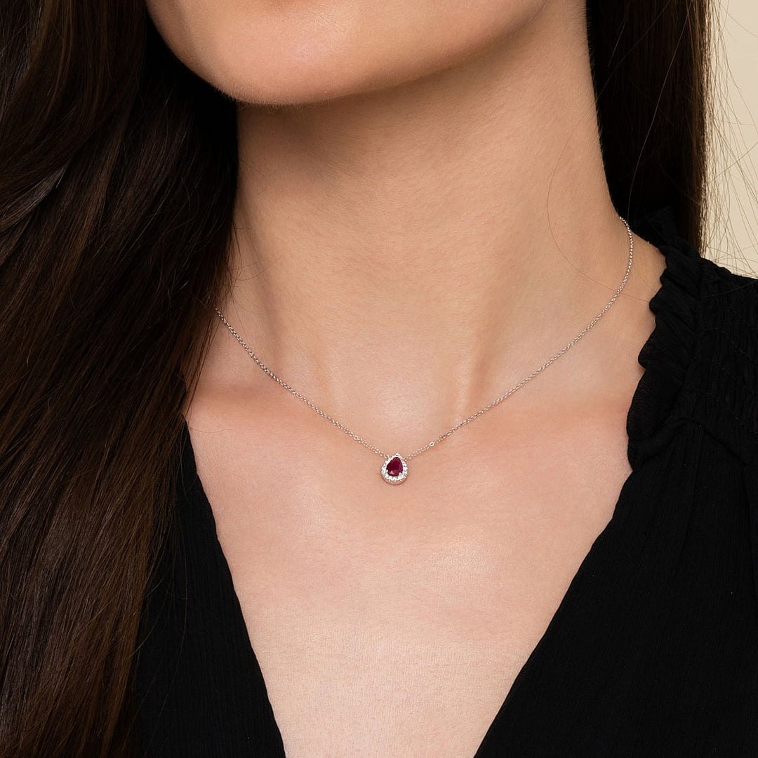 Gabriel & Co. NK3603W45RA 18 inch 14K White Gold Pear Shaped Ruby and Diamond Halo Pendant Necklace