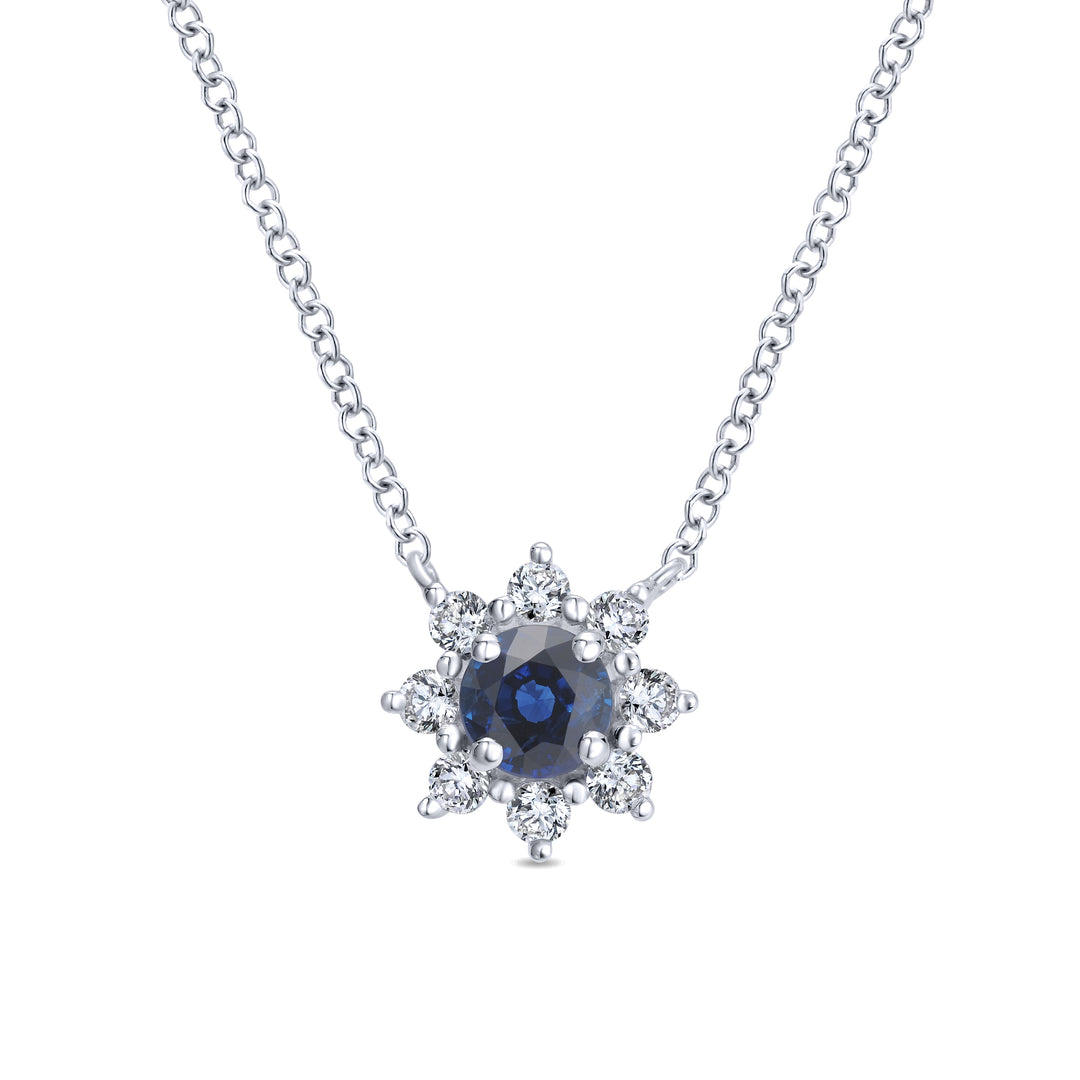 Gabriel & Co. NK3952W45SA 18 inch 14K White Gold Sapphire and Diamond Halo Floral Pendant Necklace