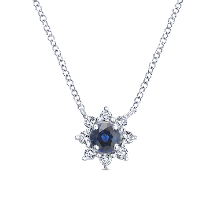 Gabriel & Co. NK3952W45SA 18 inch 14K White Gold Sapphire and Diamond Halo Floral Pendant Necklace