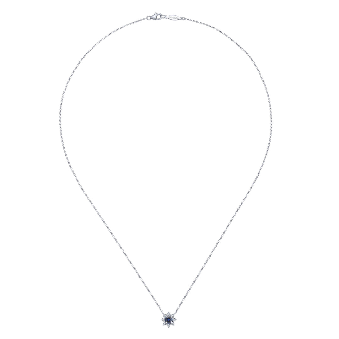Gabriel & Co. NK3952W45SA 18 inch 14K White Gold Sapphire and Diamond Halo Floral Pendant Necklace