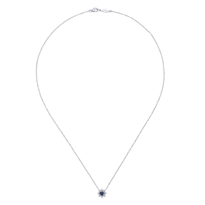 Gabriel & Co. NK3952W45SA 18 inch 14K White Gold Sapphire and Diamond Halo Floral Pendant Necklace