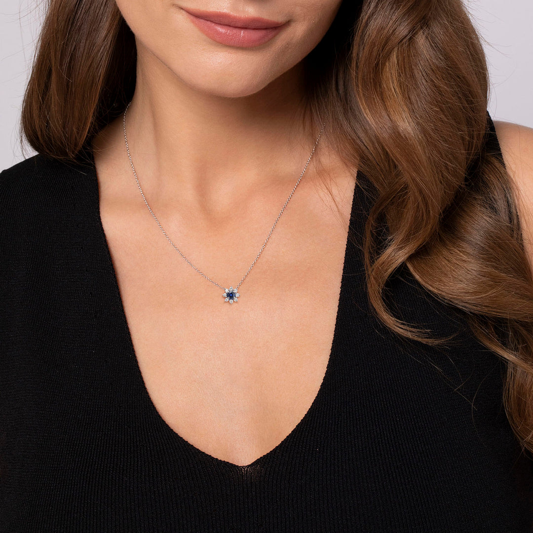 Gabriel & Co. NK3952W45SA 18 inch 14K White Gold Sapphire and Diamond Halo Floral Pendant Necklace