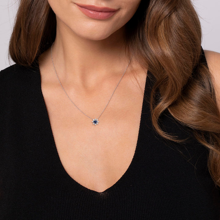 Gabriel & Co. NK3952W45SA 18 inch 14K White Gold Sapphire and Diamond Halo Floral Pendant Necklace