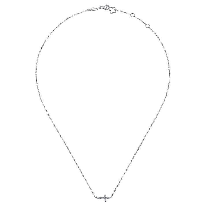 Gabriel & Co. NK4345W45JJ 14K White Gold Sideways Curved Diamond Cross Necklace
