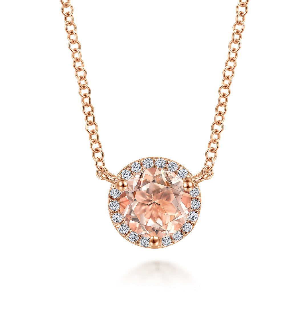 Gabriel & Co. NK4616K45MO 14K Rose Gold Round Morganite and Diamond Halo Pendant Necklace