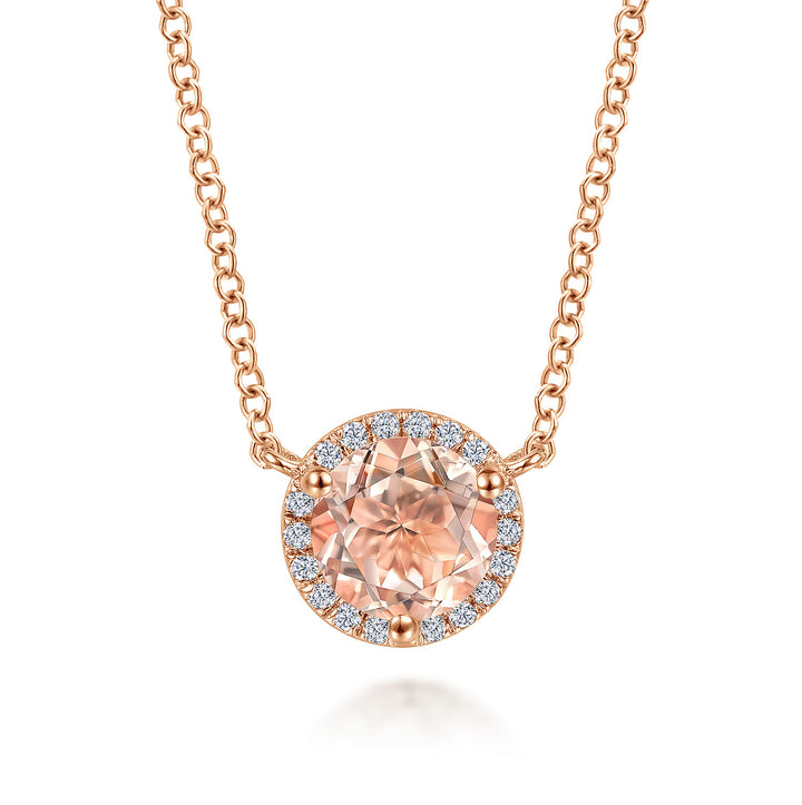 Gabriel & Co. NK4616K45MO 14K Rose Gold Round Morganite and Diamond Halo Pendant Necklace