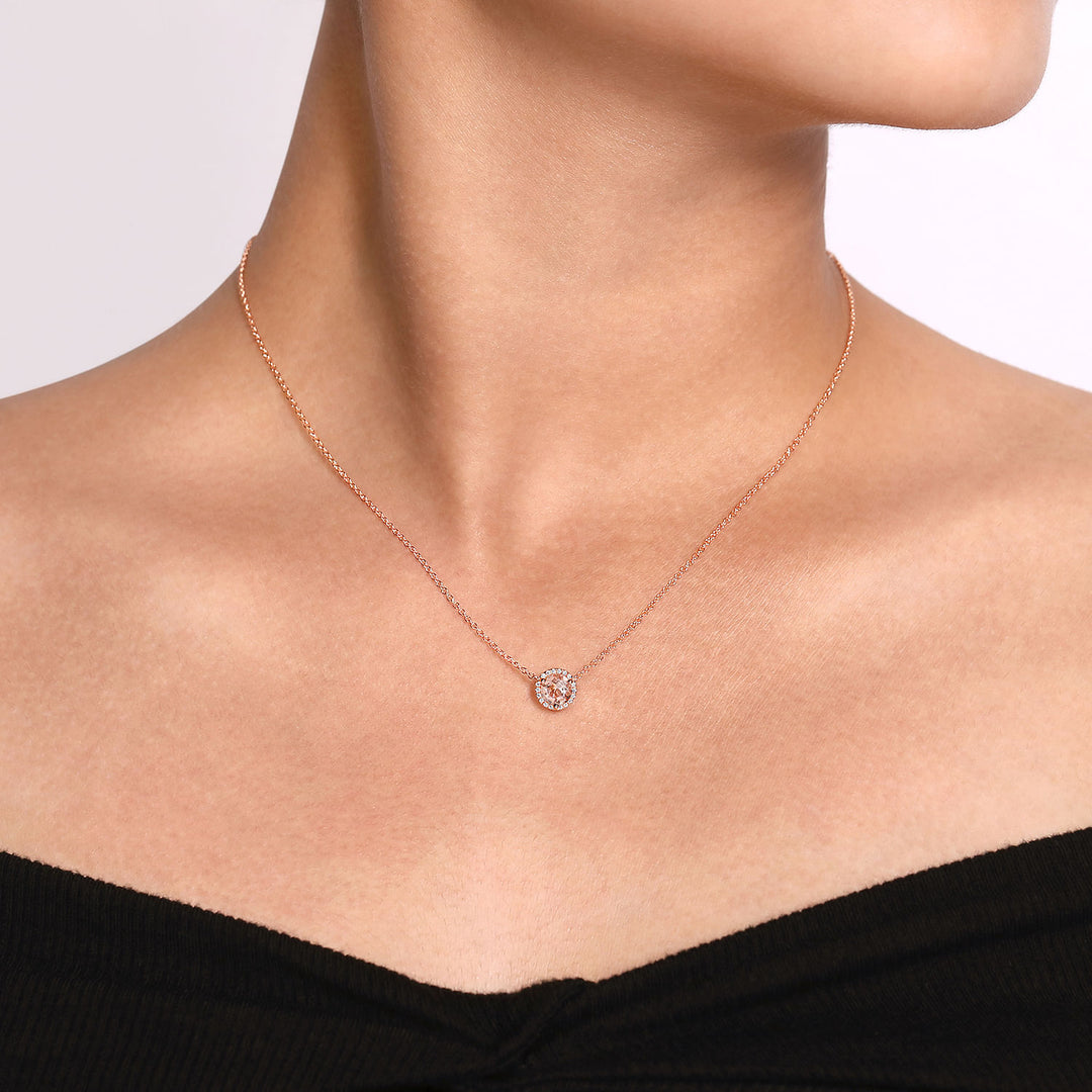 Gabriel & Co. NK4616K45MO 14K Rose Gold Round Morganite and Diamond Halo Pendant Necklace