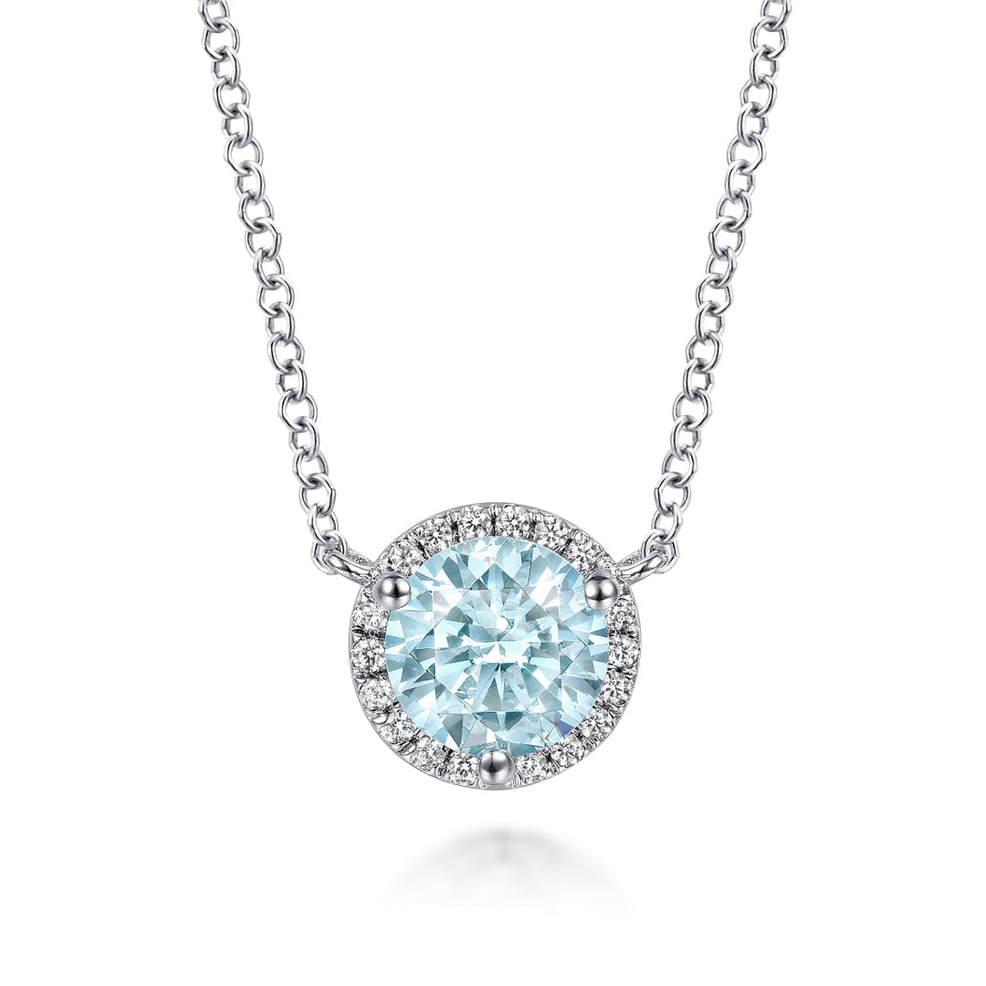 Gabriel & Co. NK4616W45AQ 14K White Gold Round Aquamarine and Diamond Halo Pendant Necklace