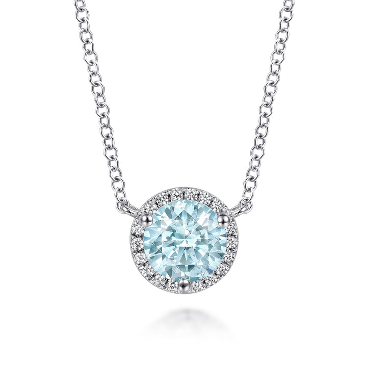 Gabriel & Co. NK4616W45AQ 14K White Gold Round Aquamarine and Diamond Halo Pendant Necklace