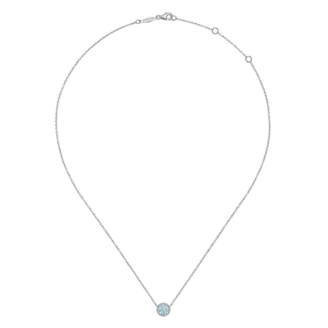 Gabriel & Co. NK4616W45AQ 14K White Gold Round Aquamarine and Diamond Halo Pendant Necklace