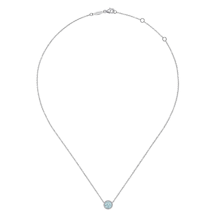 Gabriel & Co. NK4616W45AQ 14K White Gold Round Aquamarine and Diamond Halo Pendant Necklace