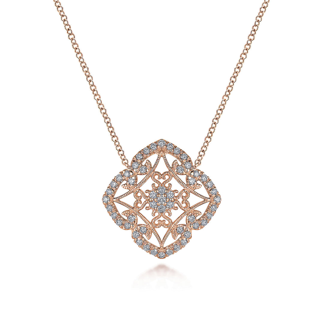 Gabriel & Co. NK4751K45JJ Vintage Inspired 14K Rose Gold Filigree Diamond Pendant Necklace