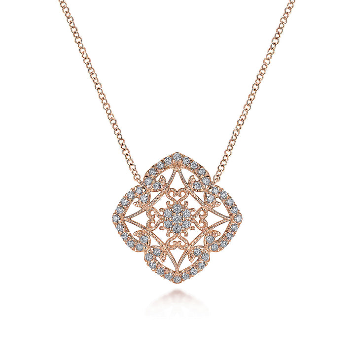 Gabriel & Co. NK4751K45JJ Vintage Inspired 14K Rose Gold Filigree Diamond Pendant Necklace