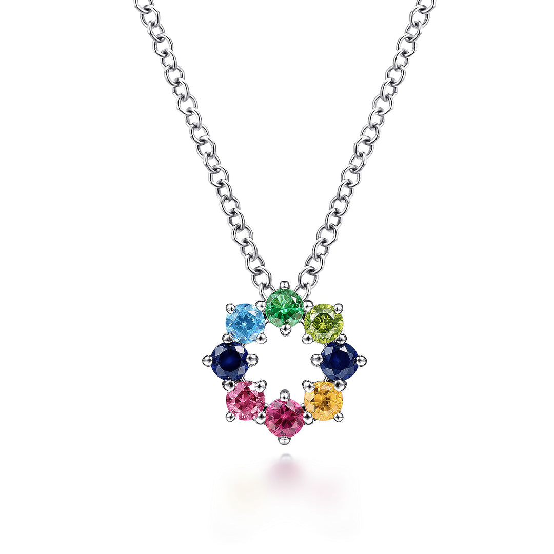 Gabriel & Co. NK4903W4JMC 14K White Gold Rainbow Color Stone Circle Pendant Necklace