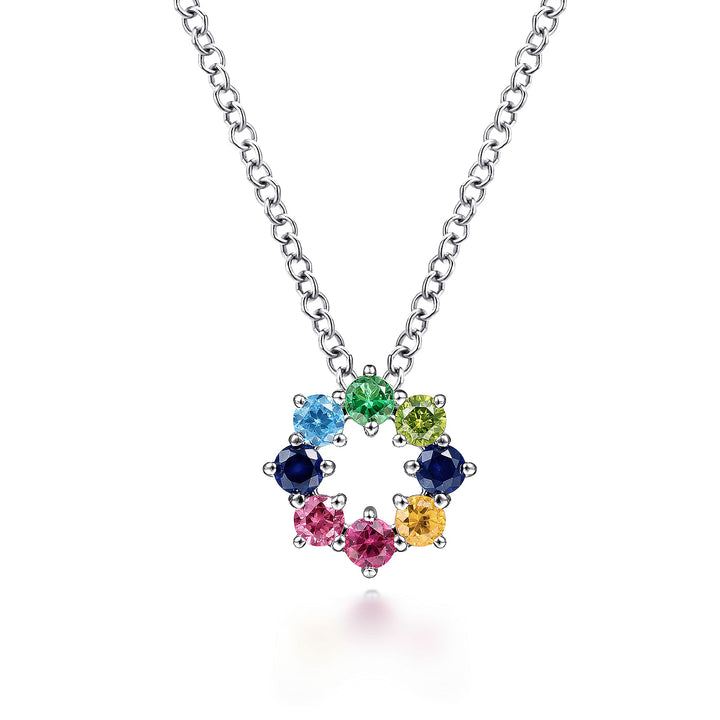 Gabriel & Co. NK4903W4JMC 14K White Gold Rainbow Color Stone Circle Pendant Necklace