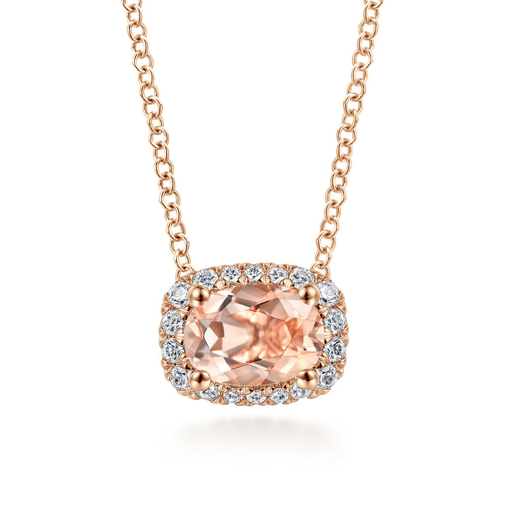 Gabriel & Co. NK5309K45MO 14K Rose Gold Oval Morganite and Diamond Halo Pendant Necklace