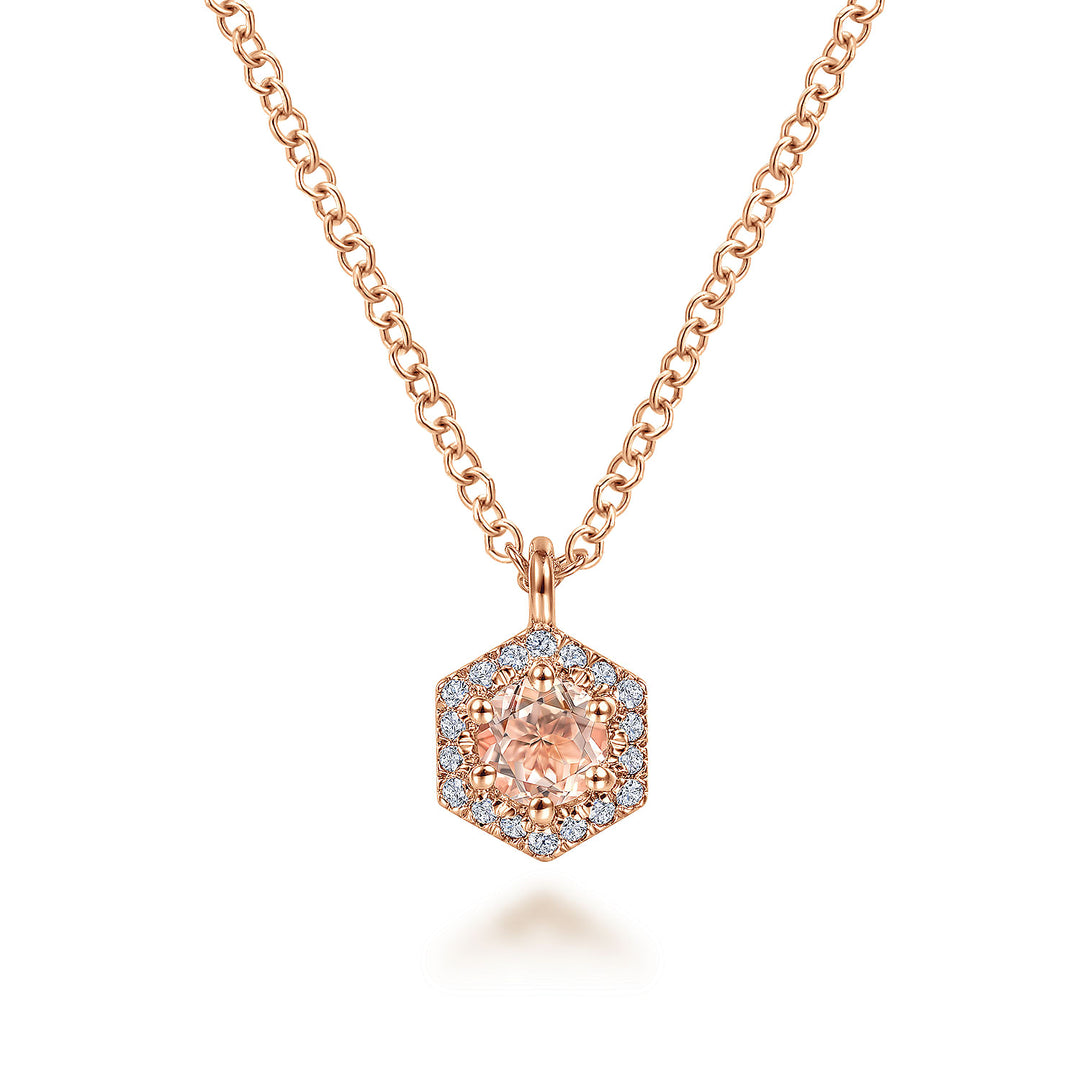 Gabriel & Co. NK5446K45MO 14K Rose Gold Hexagonal Halo Morganite and Diamond Pendant Necklace