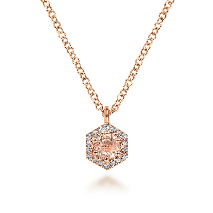 Gabriel & Co. NK5446K45MO 14K Rose Gold Hexagonal Halo Morganite and Diamond Pendant Necklace
