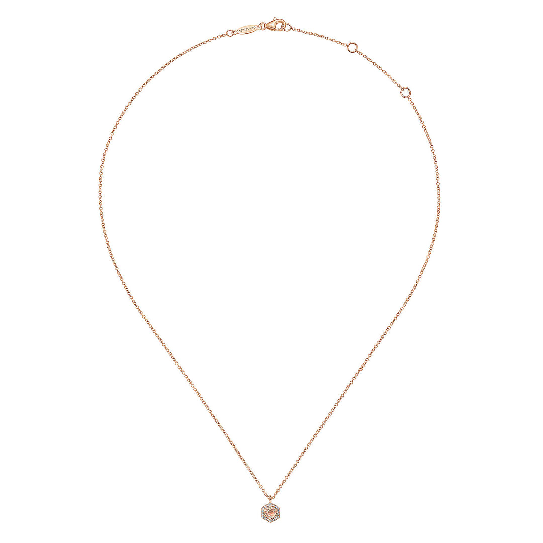 Gabriel & Co. NK5446K45MO 14K Rose Gold Hexagonal Halo Morganite and Diamond Pendant Necklace