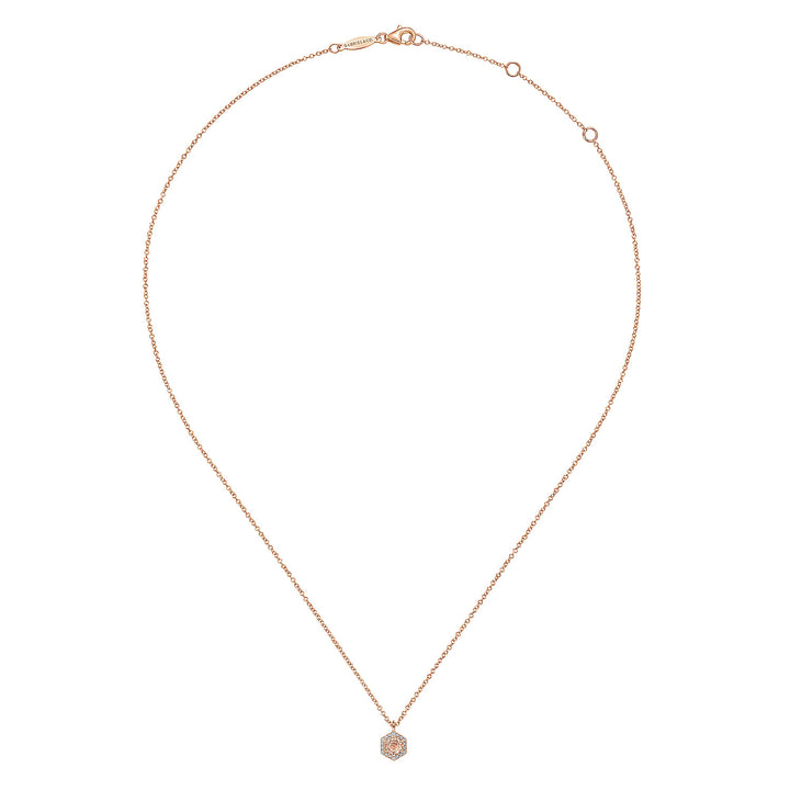 Gabriel & Co. NK5446K45MO 14K Rose Gold Hexagonal Halo Morganite and Diamond Pendant Necklace
