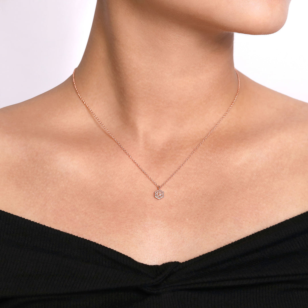 Gabriel & Co. NK5446K45MO 14K Rose Gold Hexagonal Halo Morganite and Diamond Pendant Necklace