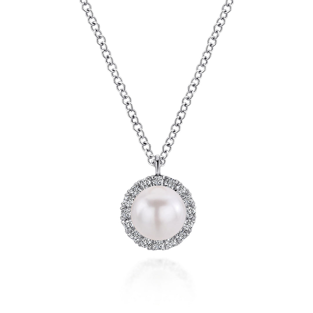 Gabriel & Co. NK5619W45PL 14K White Gold Cultured Pearl and Diamond Halo Pendant Necklace