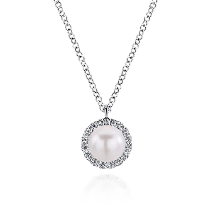 Gabriel & Co. NK5619W45PL 14K White Gold Cultured Pearl and Diamond Halo Pendant Necklace