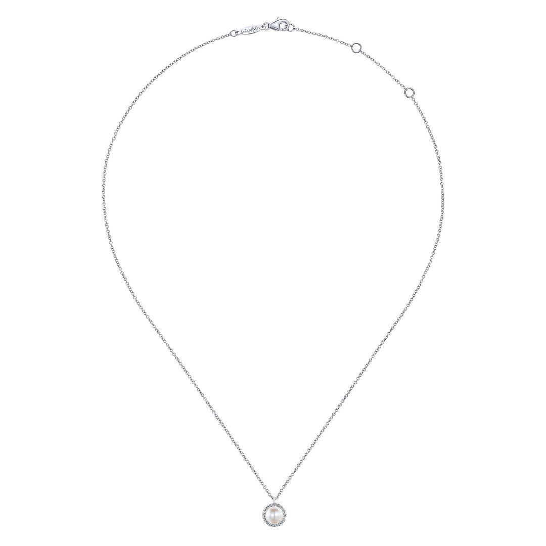 Gabriel & Co. NK5619W45PL 14K White Gold Cultured Pearl and Diamond Halo Pendant Necklace
