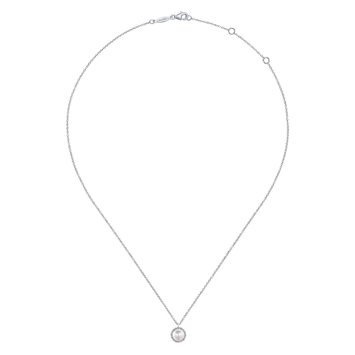 Gabriel & Co. NK5619W45PL 14K White Gold Cultured Pearl and Diamond Halo Pendant Necklace