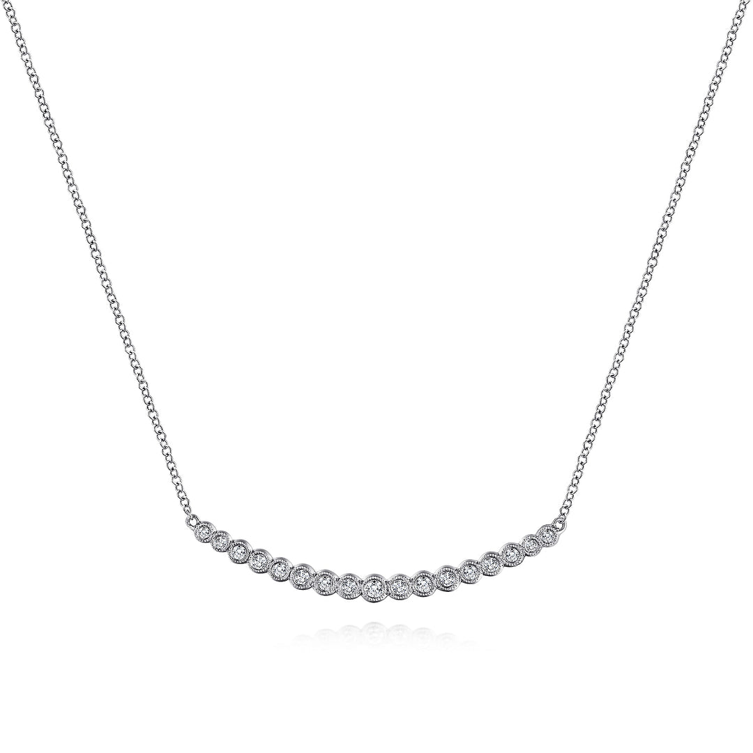 Gabriel & Co. NK5796W45JJ 14K White Gold Curved Bar Necklace with Bezel Set Round Diamonds