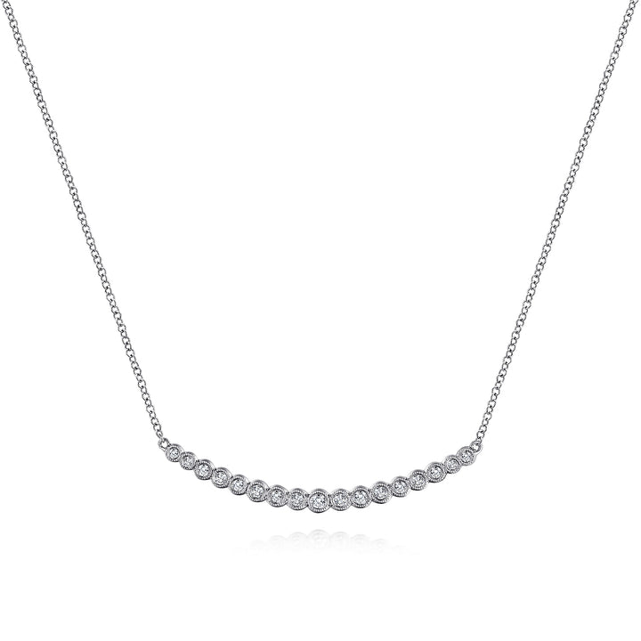 Gabriel & Co. NK5796W45JJ 14K White Gold Curved Bar Necklace with Bezel Set Round Diamonds