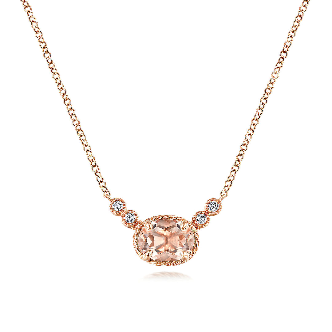Gabriel & Co. NK5937K45MO 14K Rose Gold Oval Morganite Pendant Necklace with Diamond Accents