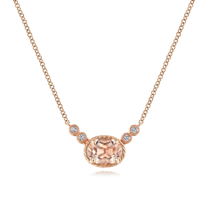 Gabriel & Co. NK5937K45MO 14K Rose Gold Oval Morganite Pendant Necklace with Diamond Accents