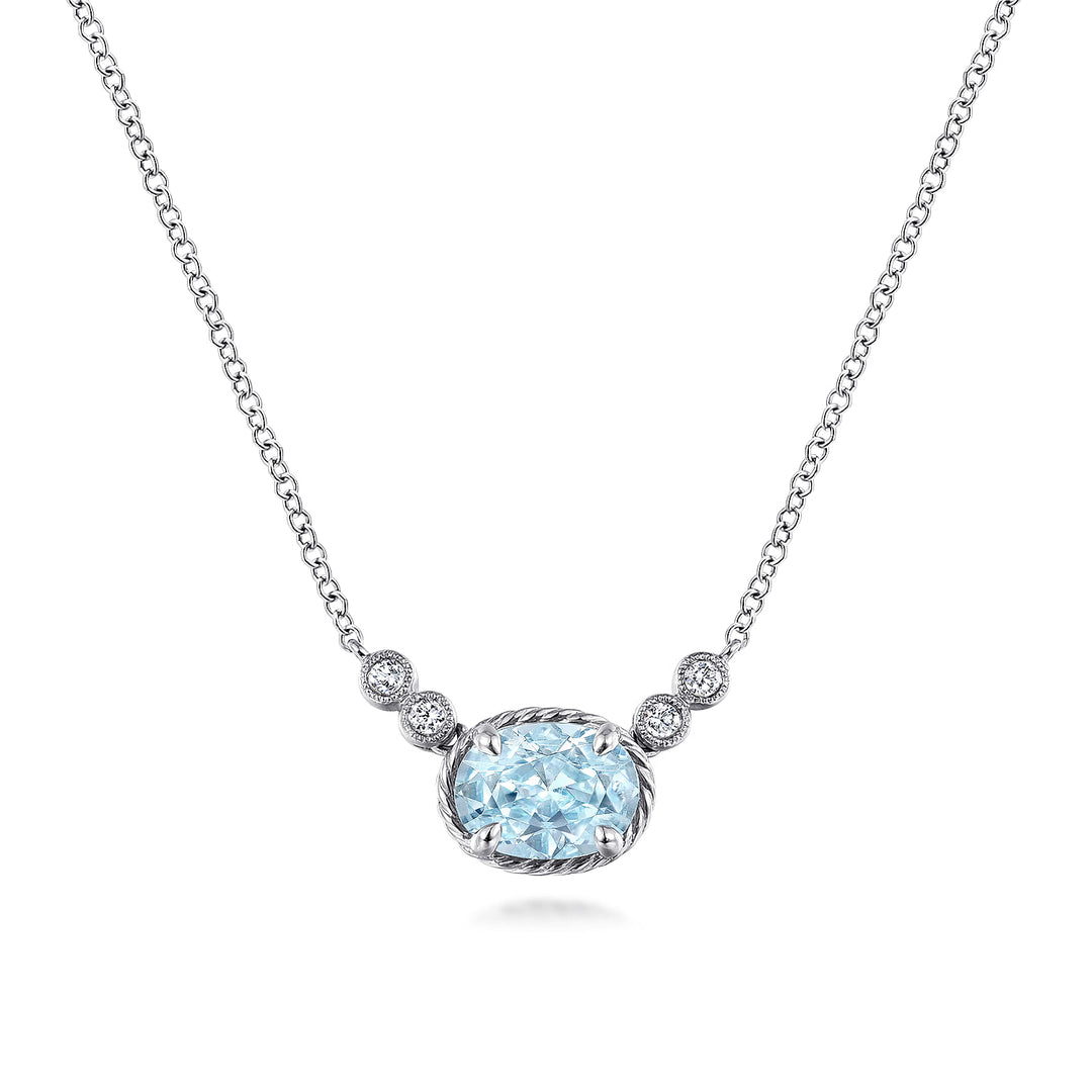 Gabriel & Co. NK5937W45AQ 14K White Gold Oval Aquamarine Pendant Necklace with Diamond Accents