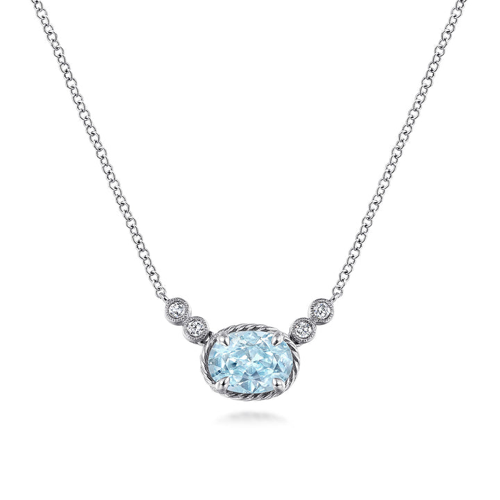 Gabriel & Co. NK5937W45AQ 14K White Gold Oval Aquamarine Pendant Necklace with Diamond Accents