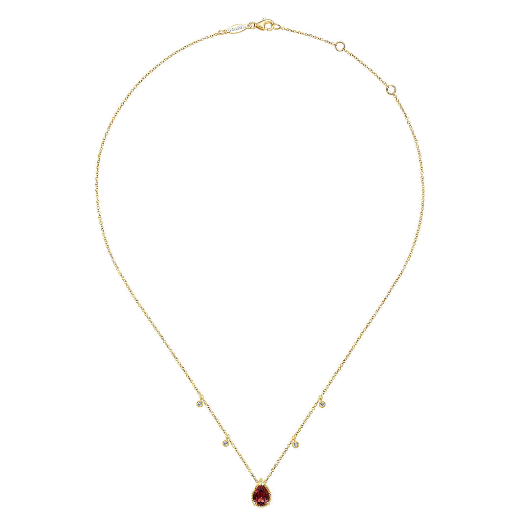 Gabriel & Co. NK5939Y45GN 14K Yellow Gold Pear Shape Garnet Pendant Necklace with Diamond Side Drops