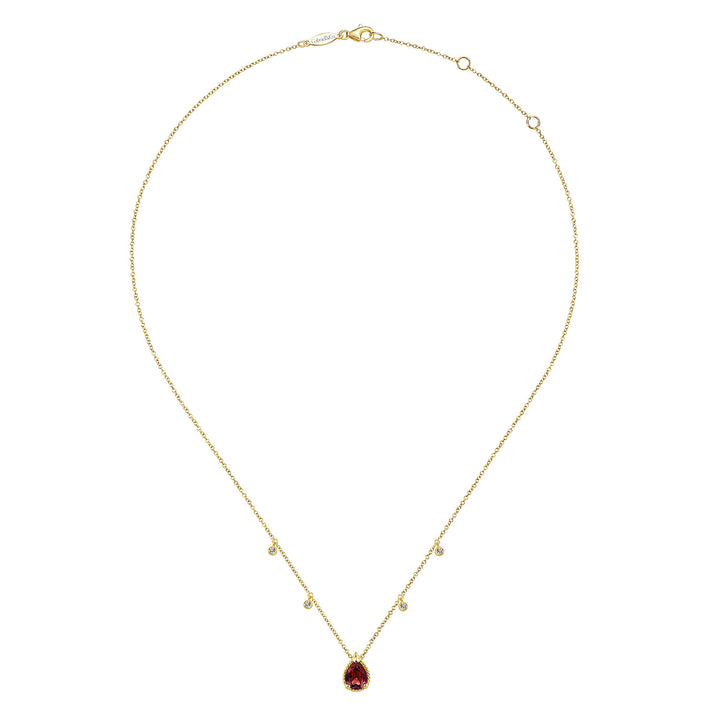Gabriel & Co. NK5939Y45GN 14K Yellow Gold Pear Shape Garnet Pendant Necklace with Diamond Side Drops