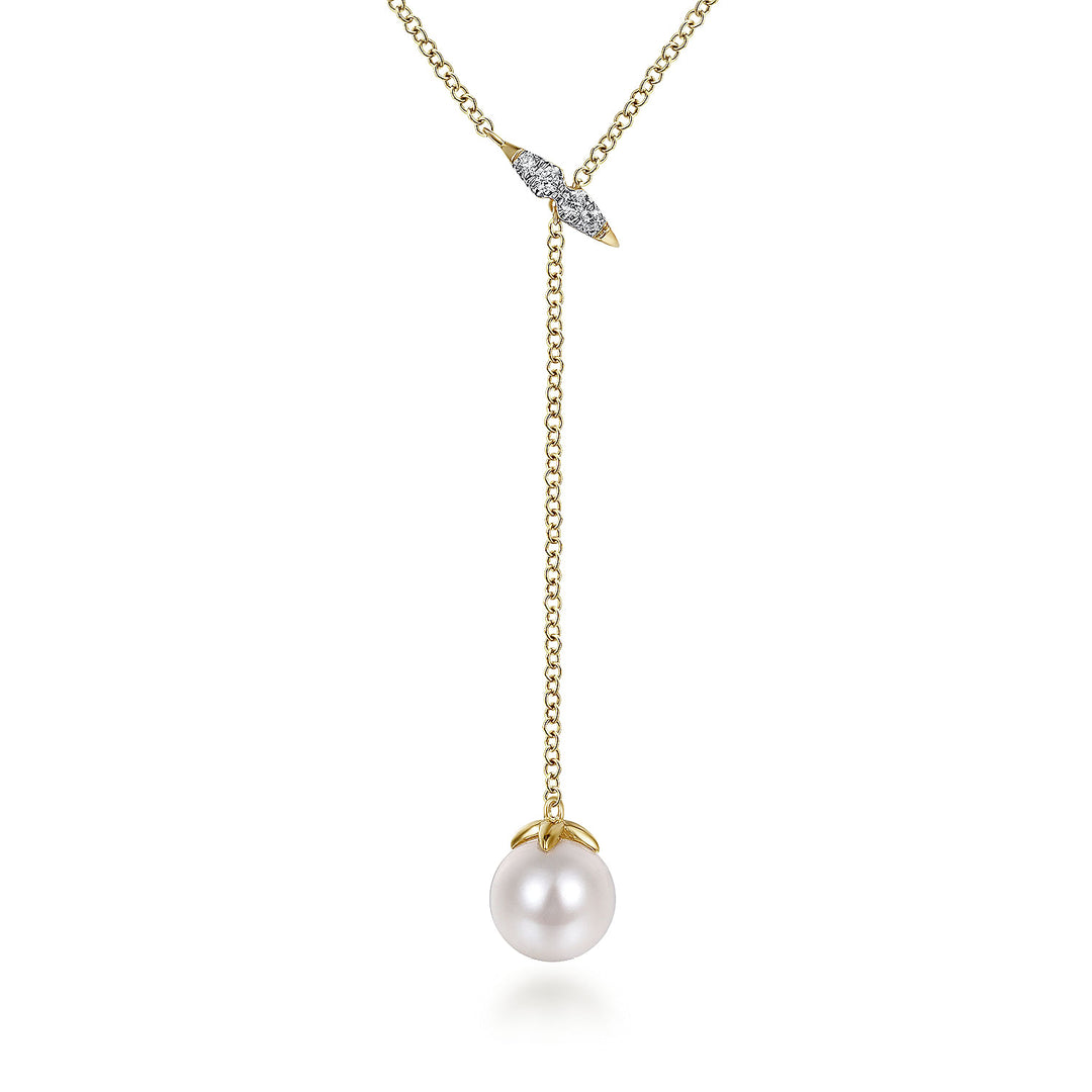 Gabriel & Co. NK5963Y45PL 14K Yellow Gold Diamond Bar Y Necklace with Cultured Pearl Drop