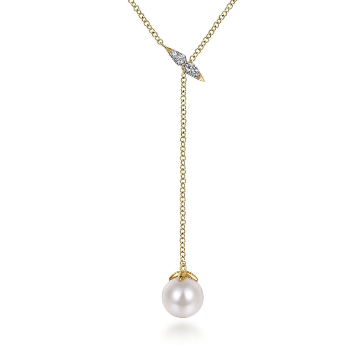Gabriel & Co. NK5963Y45PL 14K Yellow Gold Diamond Bar Y Necklace with Cultured Pearl Drop
